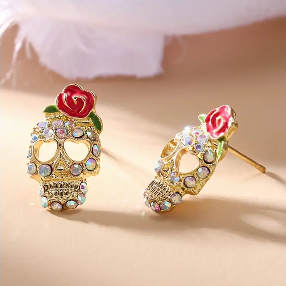 Rose Rhinestone Skull Stud Earrings - Picture 2 of 3